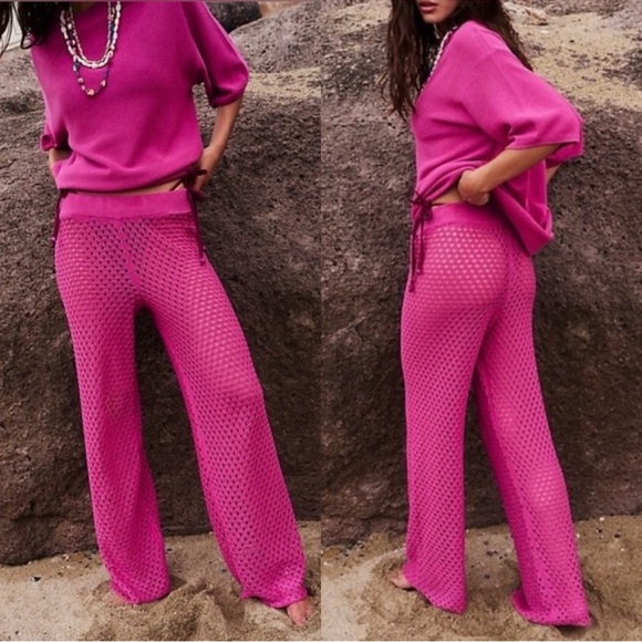Free People Sola Sweater Knit Set - Fiji Pink Top XS Pants Large Oversized New